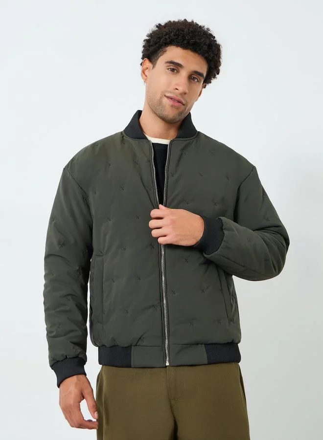Styli Men Green Relaxed Quilted Bomber Jacket